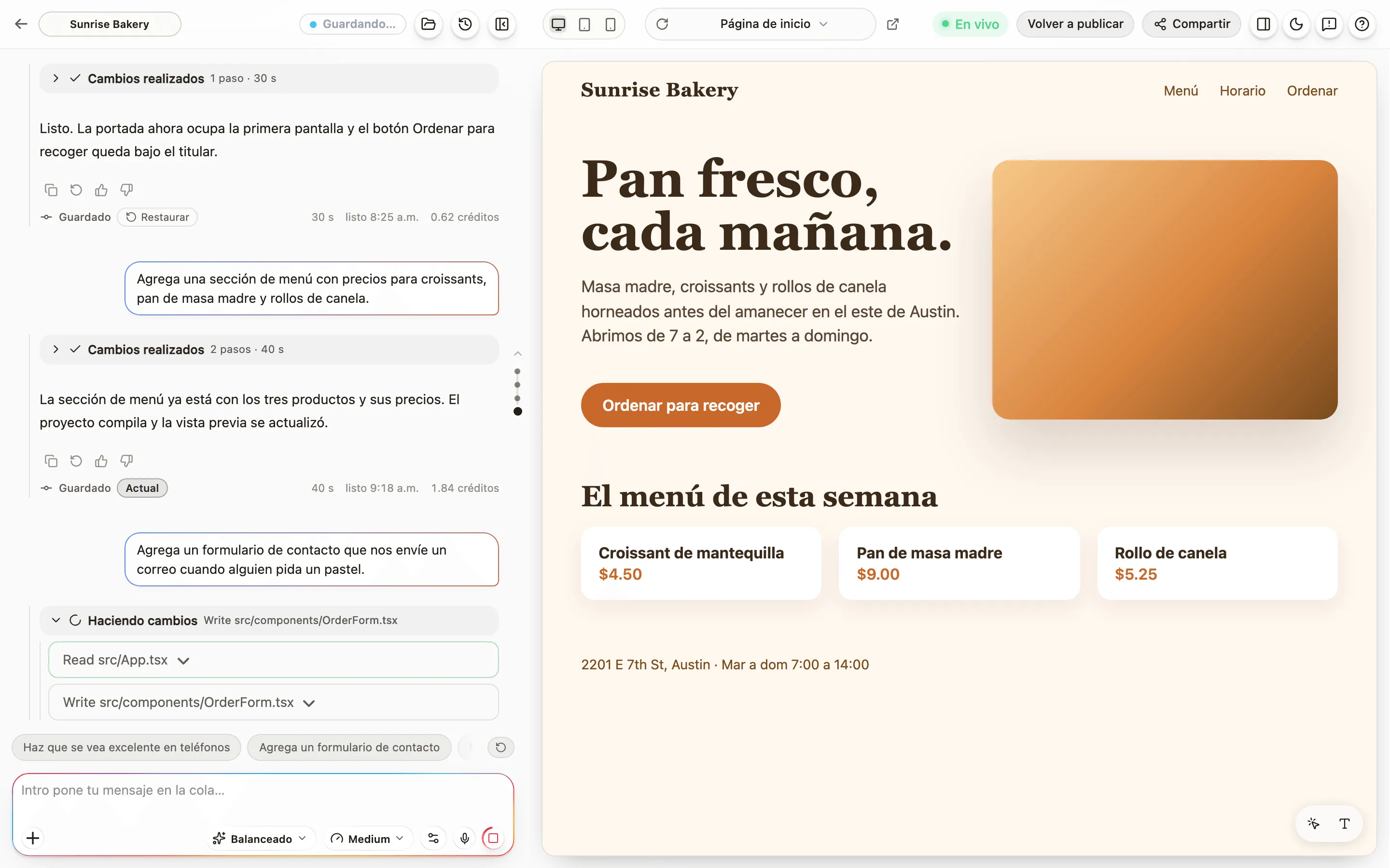 Una compilación en curso: la tarjeta Haciendo cambios con sus pasos, el indicador Guardando y el botón Detener.