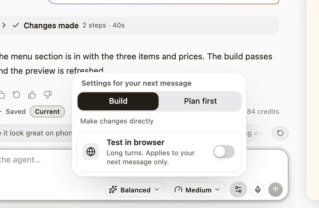 The composer settings: Build or Plan, and the effort.