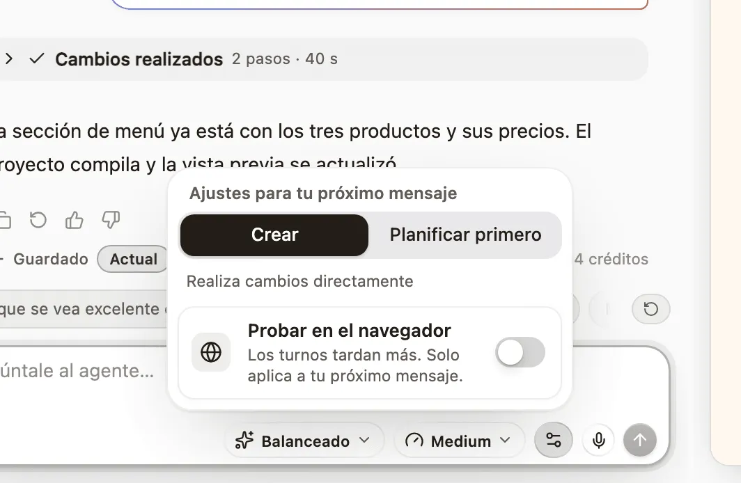 Los ajustes del cuadro de mensaje: Crear o Planificar primero, y el nivel de razonamiento.