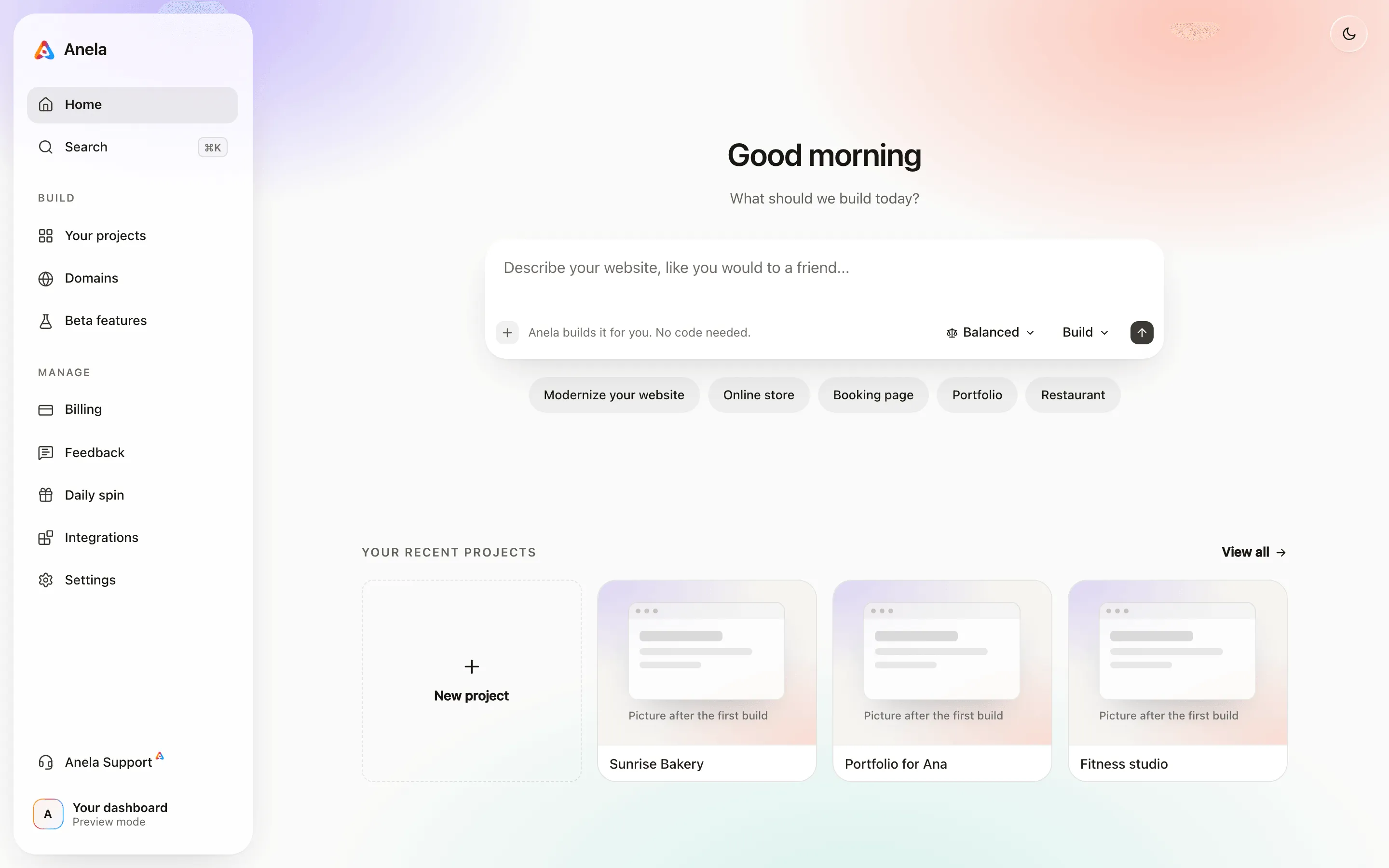 The dashboard: the box to start a project, your project cards and the left rail.