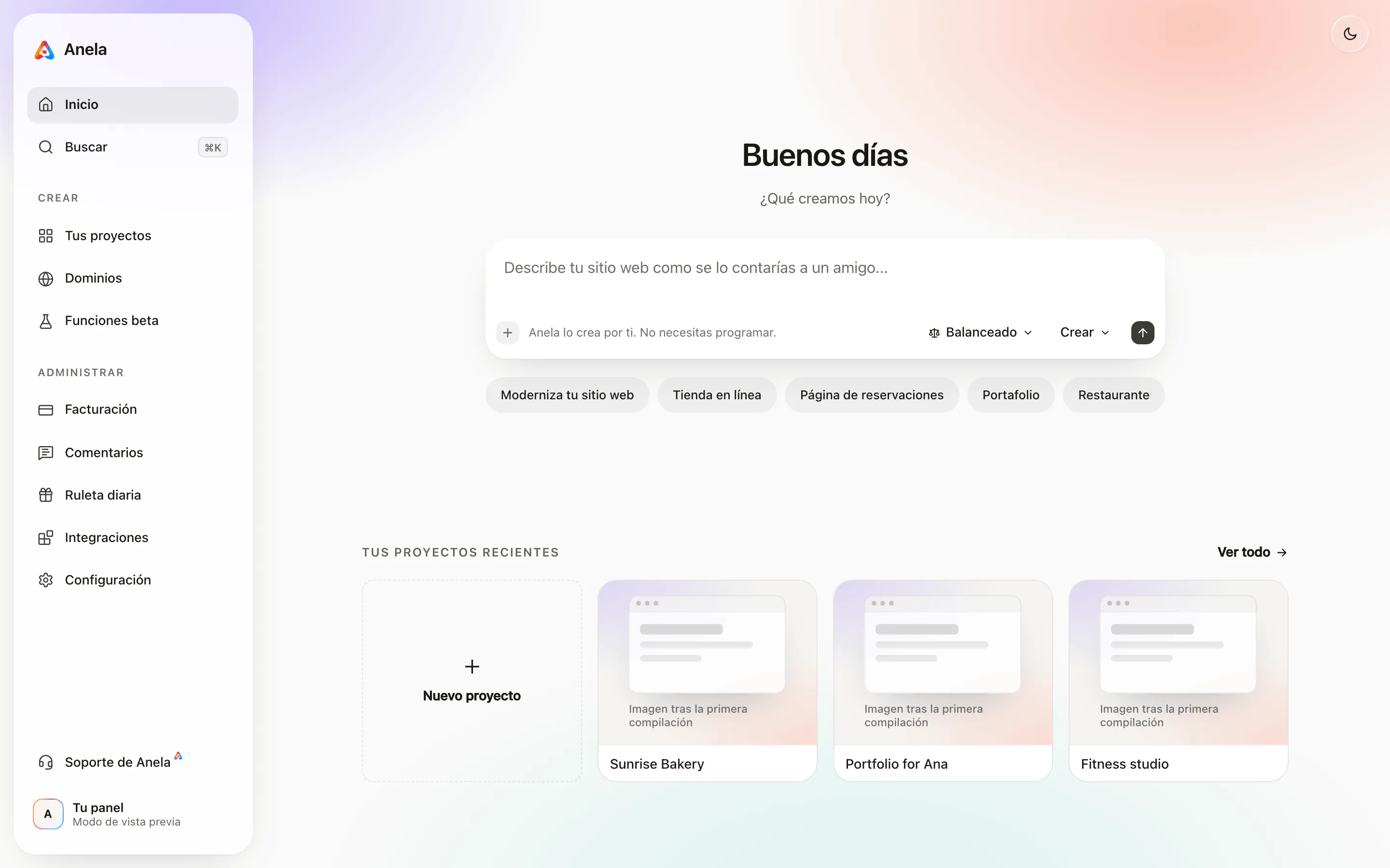 El panel: el cuadro para empezar un proyecto, tus tarjetas de proyecto y la barra lateral.