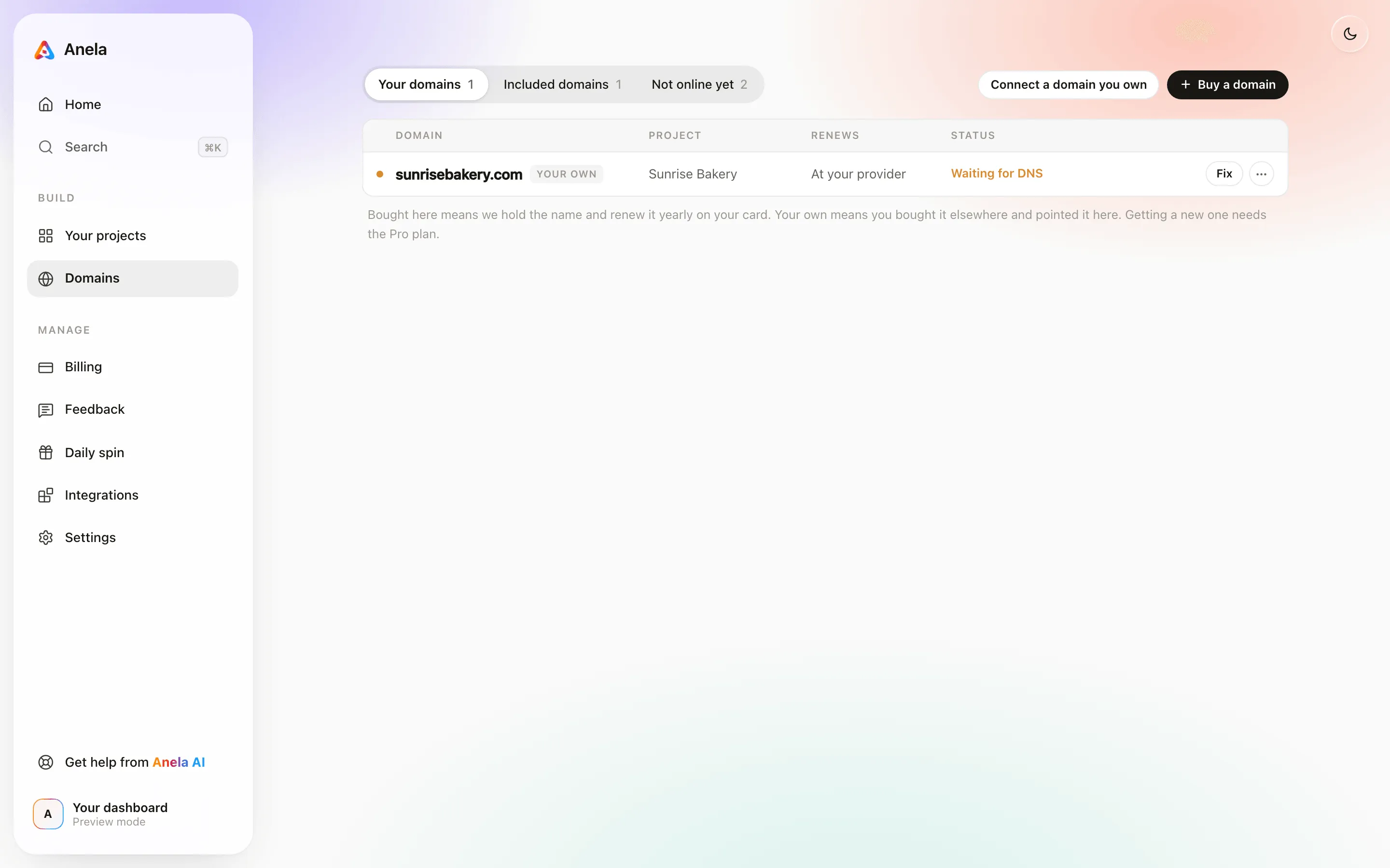 The domains page with a domain you own and the site it points to.