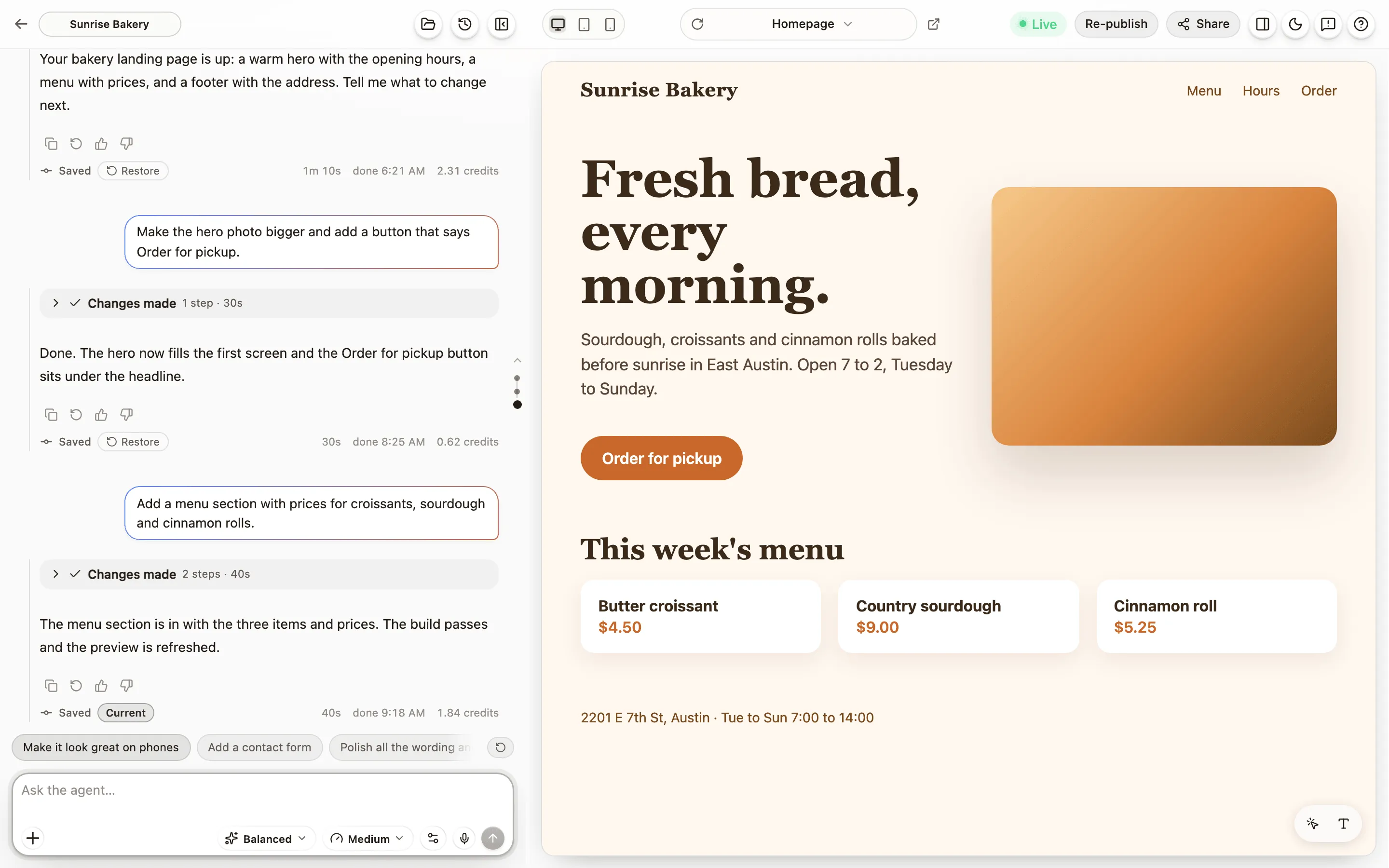 The editor: the chat on the left, the preview of your site on the right, and the header buttons.