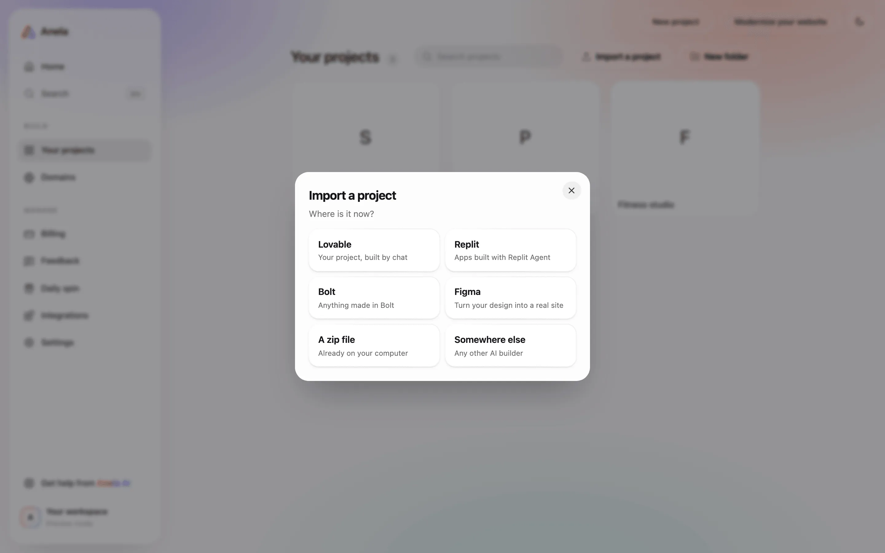 The import dialog with its sources: Replit, Lovable, Bolt, Figma, a zip or a website address.
