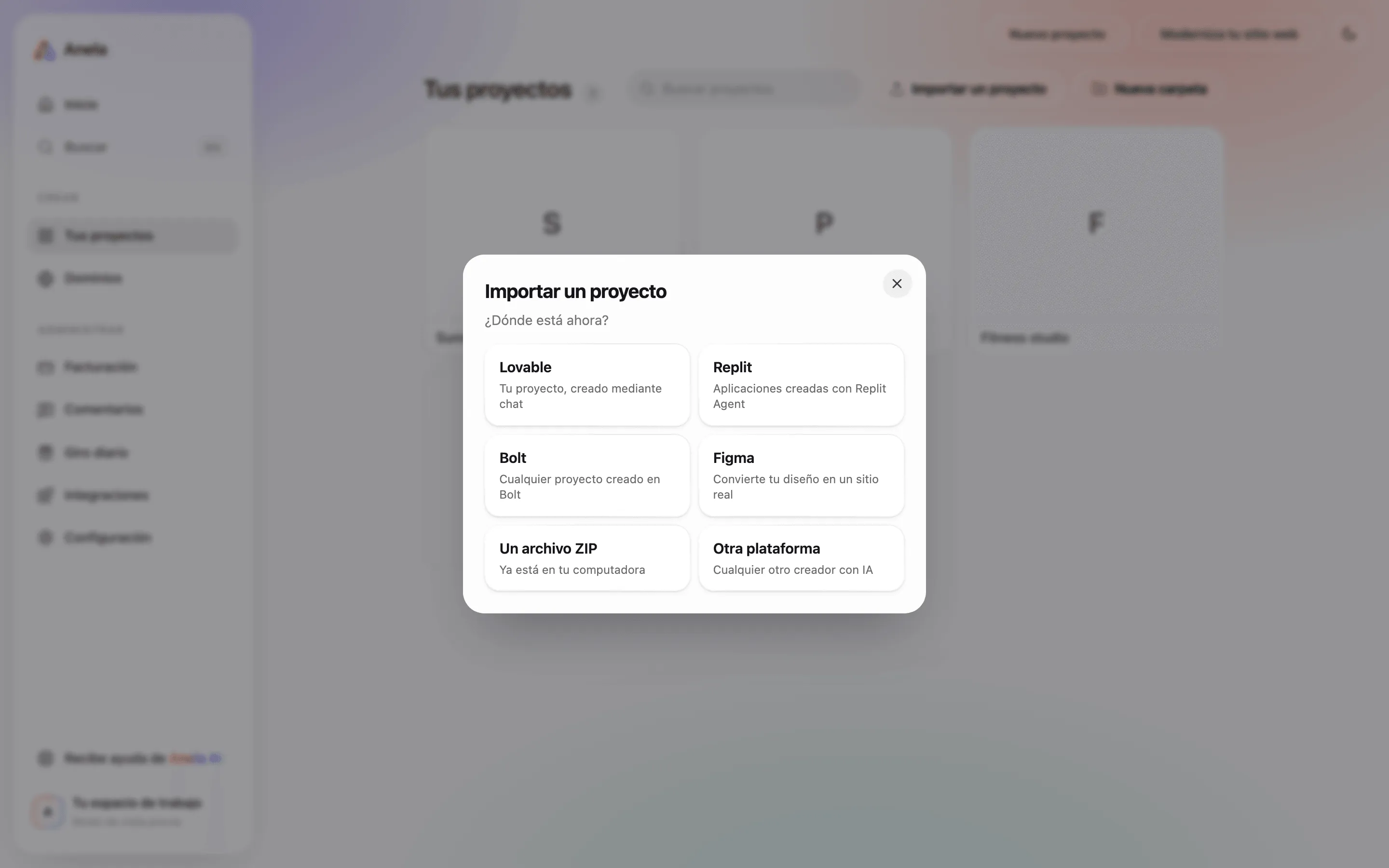 El diálogo de importar con sus fuentes: Replit, Lovable, Bolt, Figma, un zip o la dirección de un sitio.