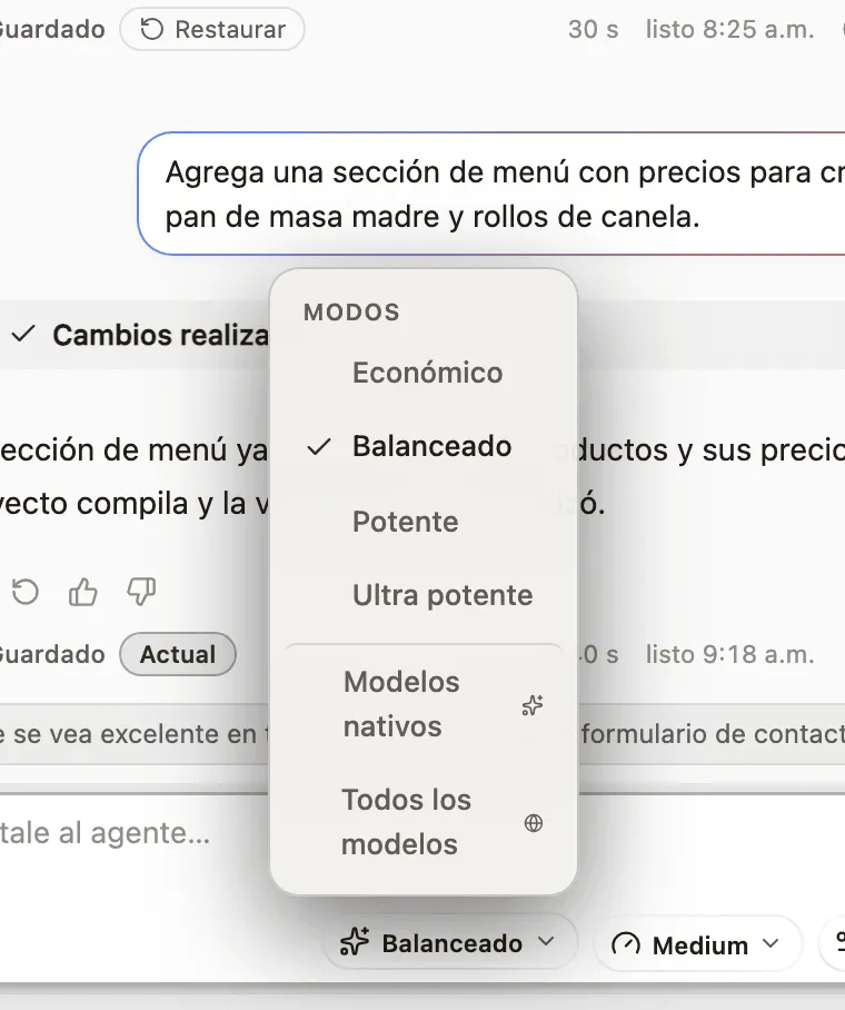 El selector de modelo debajo del cuadro de mensaje.