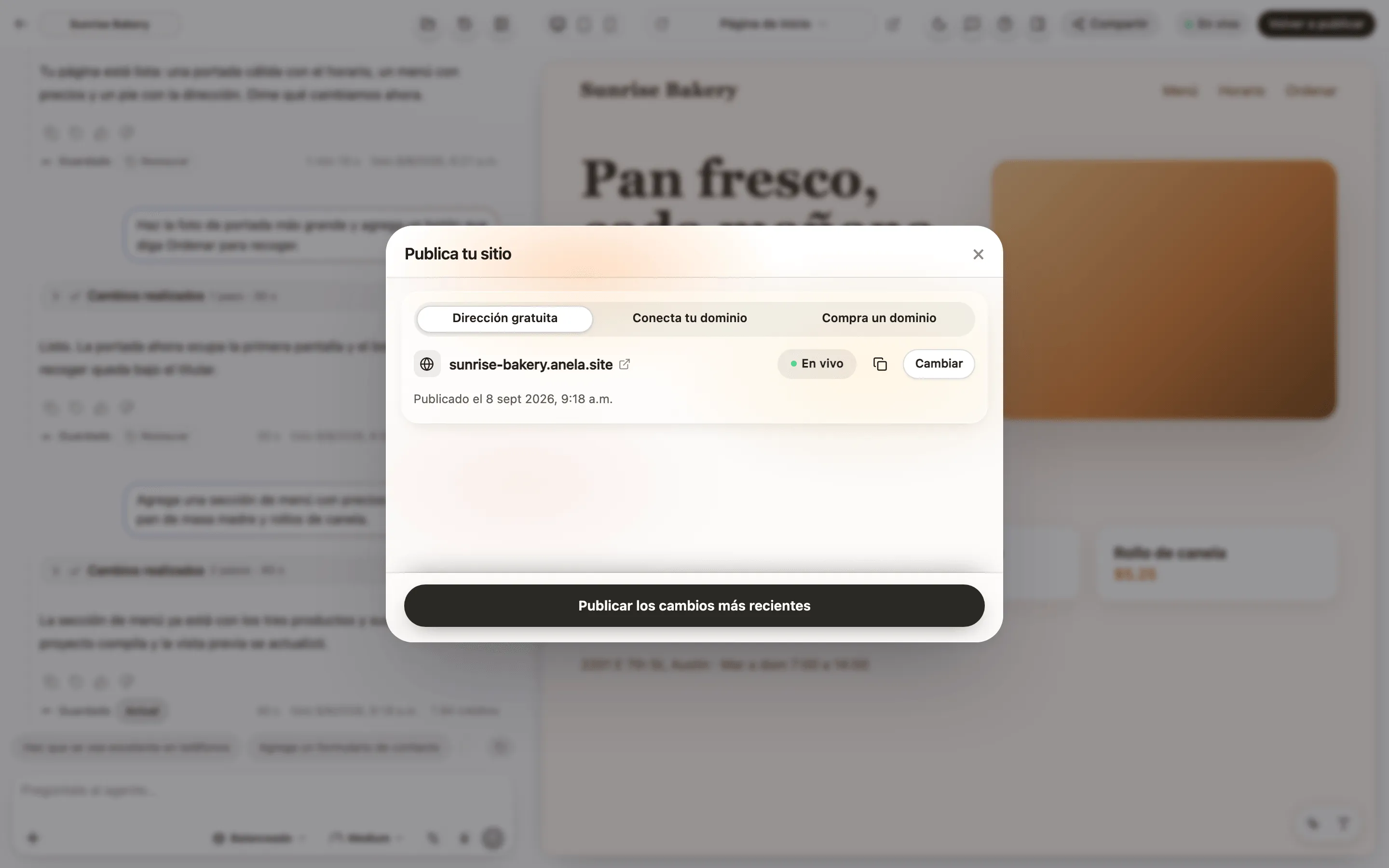 La hoja de publicar: tu dirección gratuita, un dominio propio y el botón de Publicar.