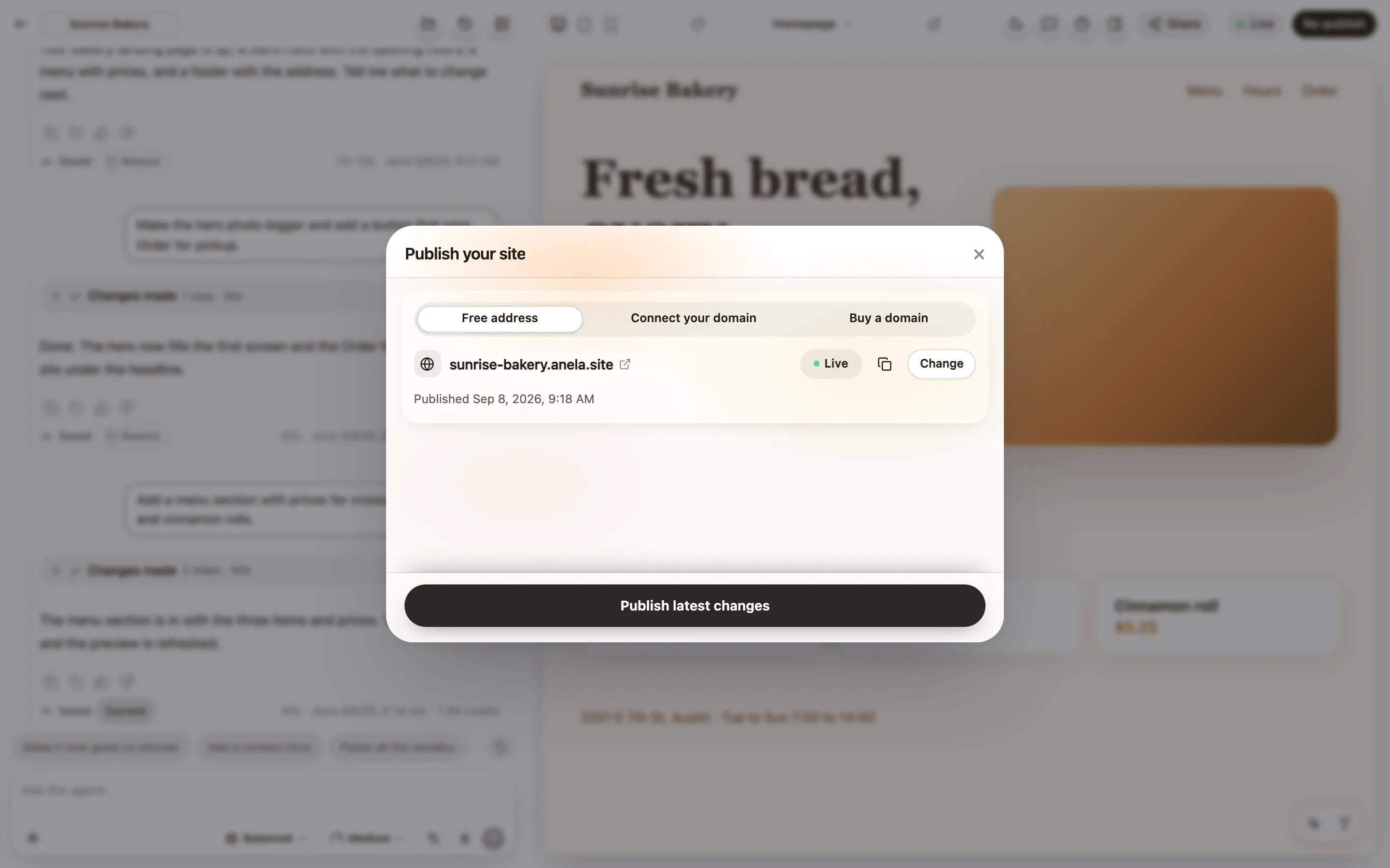 The publish sheet: your free address, a domain of your own, and the Publish button.