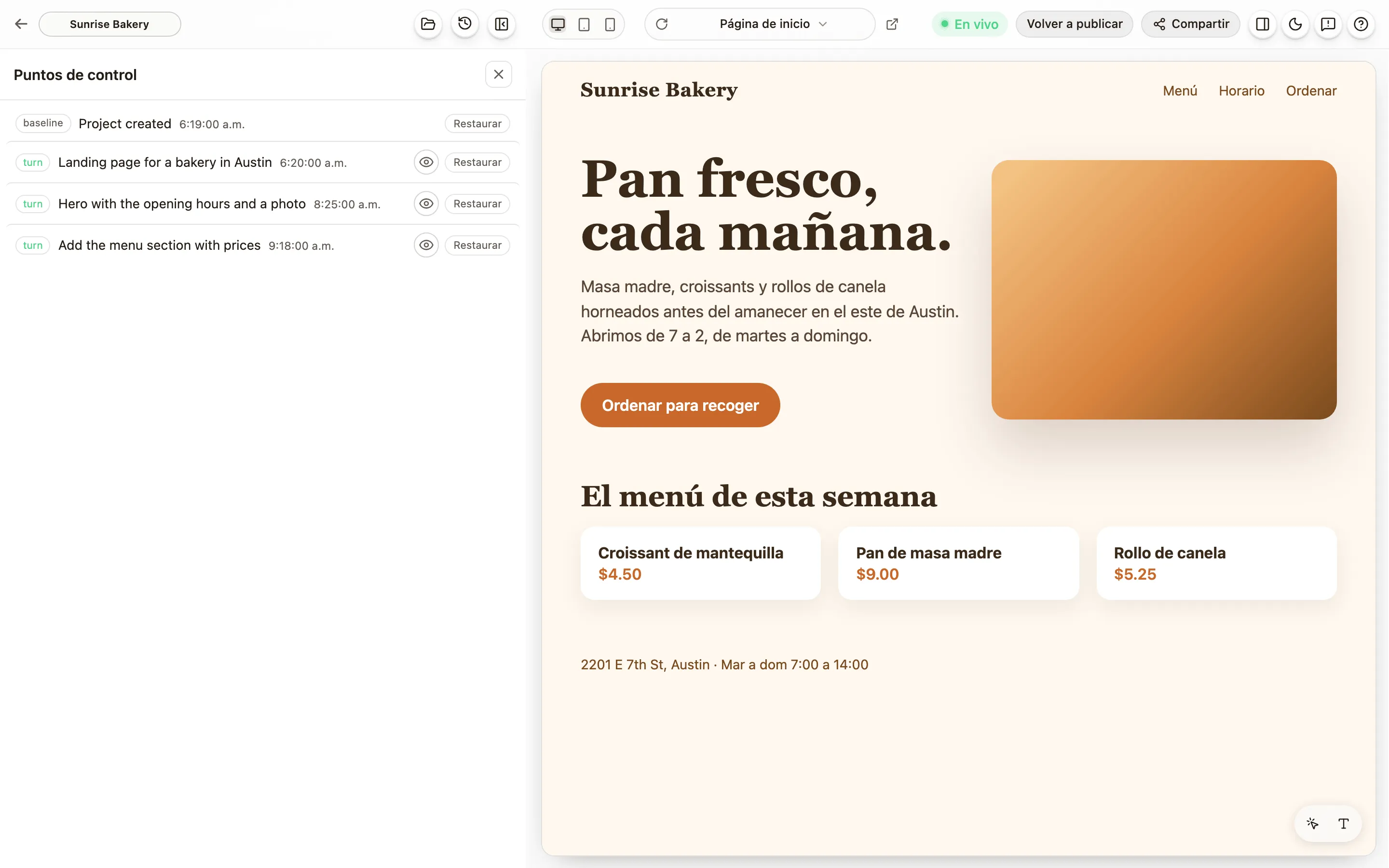 La lista de Puntos de control: cada versión guardada con Vista previa y Restaurar.