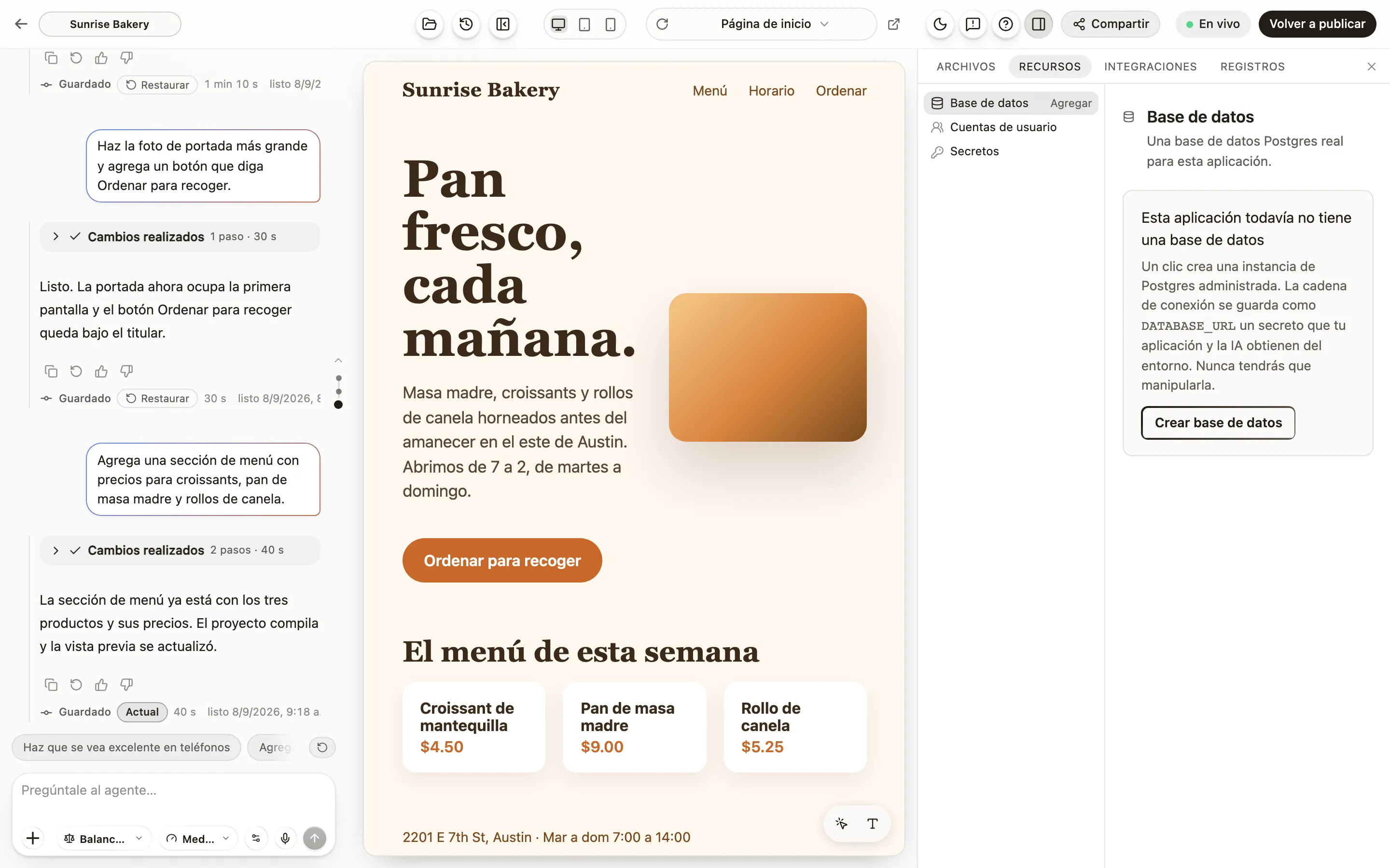 Archivos abierto en su pestaña Recursos: la base de datos, las cuentas de usuario y los secretos.