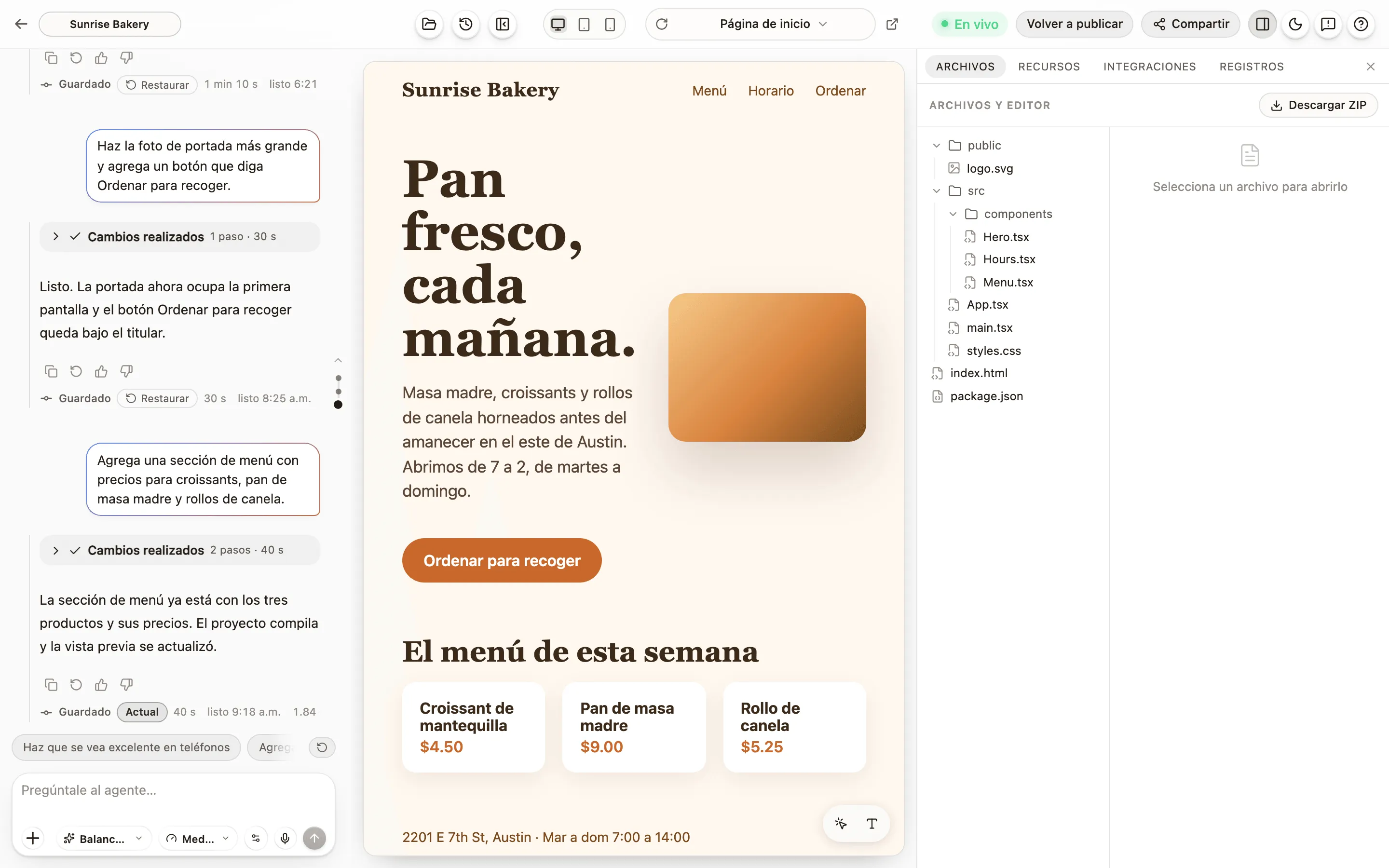 Archivos abierto en su pestaña Archivos: el árbol de archivos y el código de uno de ellos.